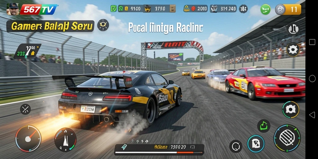 Tangkapan layar gameplay 567TV dengan mobil balap yang sedang melaju kencang.