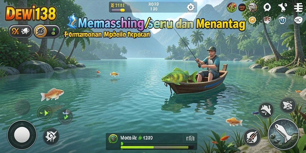 Screenshot gameplay DEWI138 menampilkan pemain sedang memancing dengan latar belakang indah.