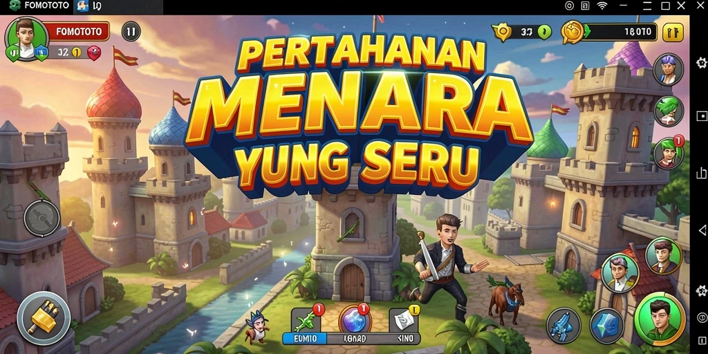Screenshot gameplay FOMOTOTO menampilkan menara dan musuh yang beragam.