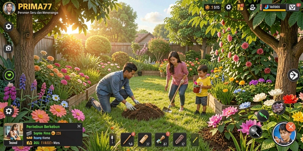 Screenshot utama PRIMA77 menunjukkan aksi seru berkebun yang menarik.