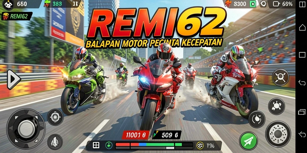 Tampilan gameplay REMI62 yang mendebarkan dan penuh aksi balapan motor.