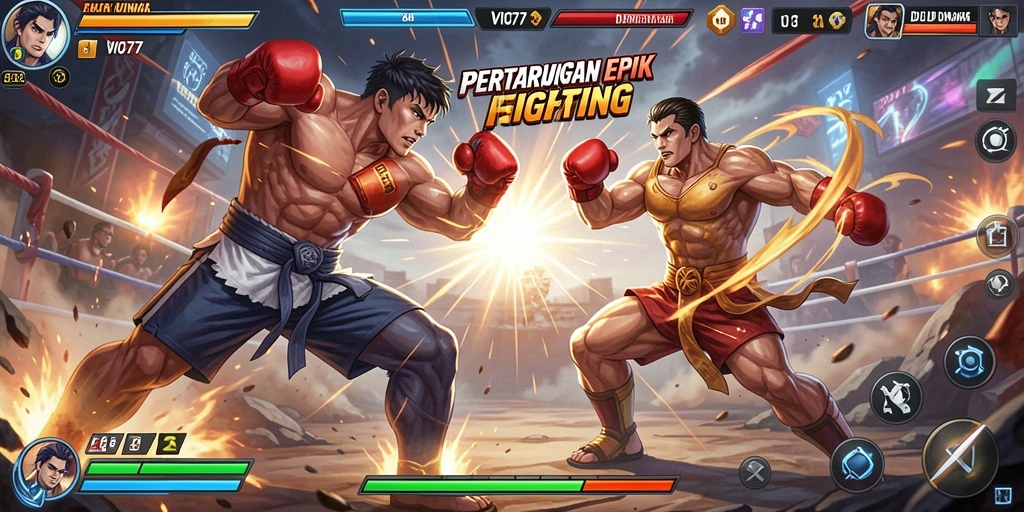 Tampilan gameplay VIO77 dengan pertarungan seru antar karakter.